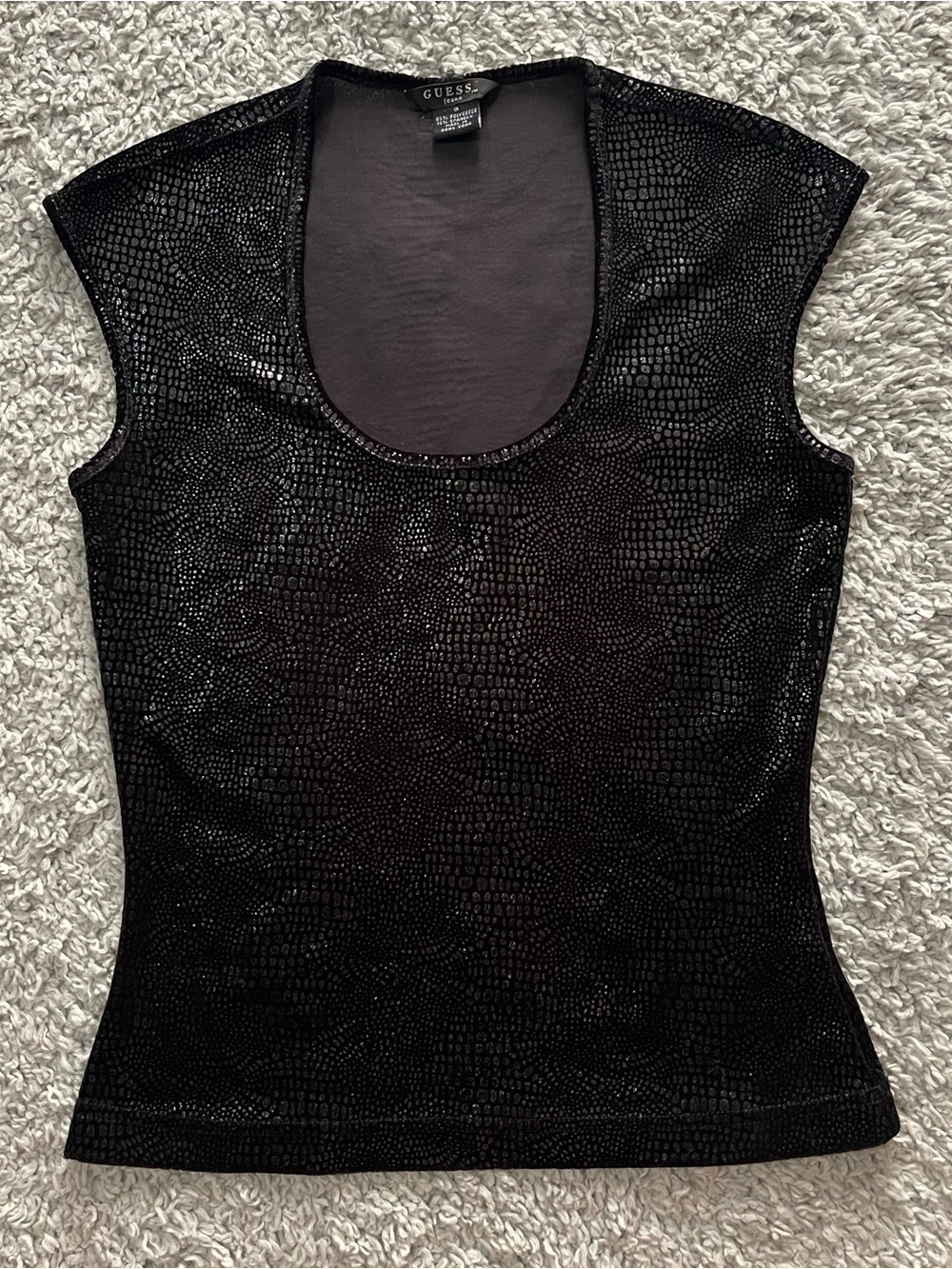 Vintage 2000s GUESS Black Velvet Coated Reptile Skin Textured Scoop Neck Tank
